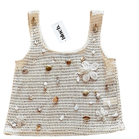 NEW blue b Cream Crochet Allover Shell Seashell Crystal Tank Top Mini Skirt Set - Picture 3 of 5